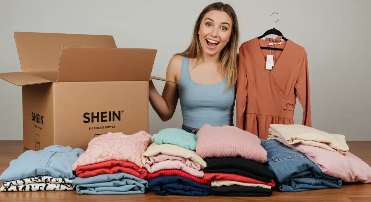 Excited woman unboxing a large Shein package, revealing numerous new and trendy clothing items from her affordable haul.