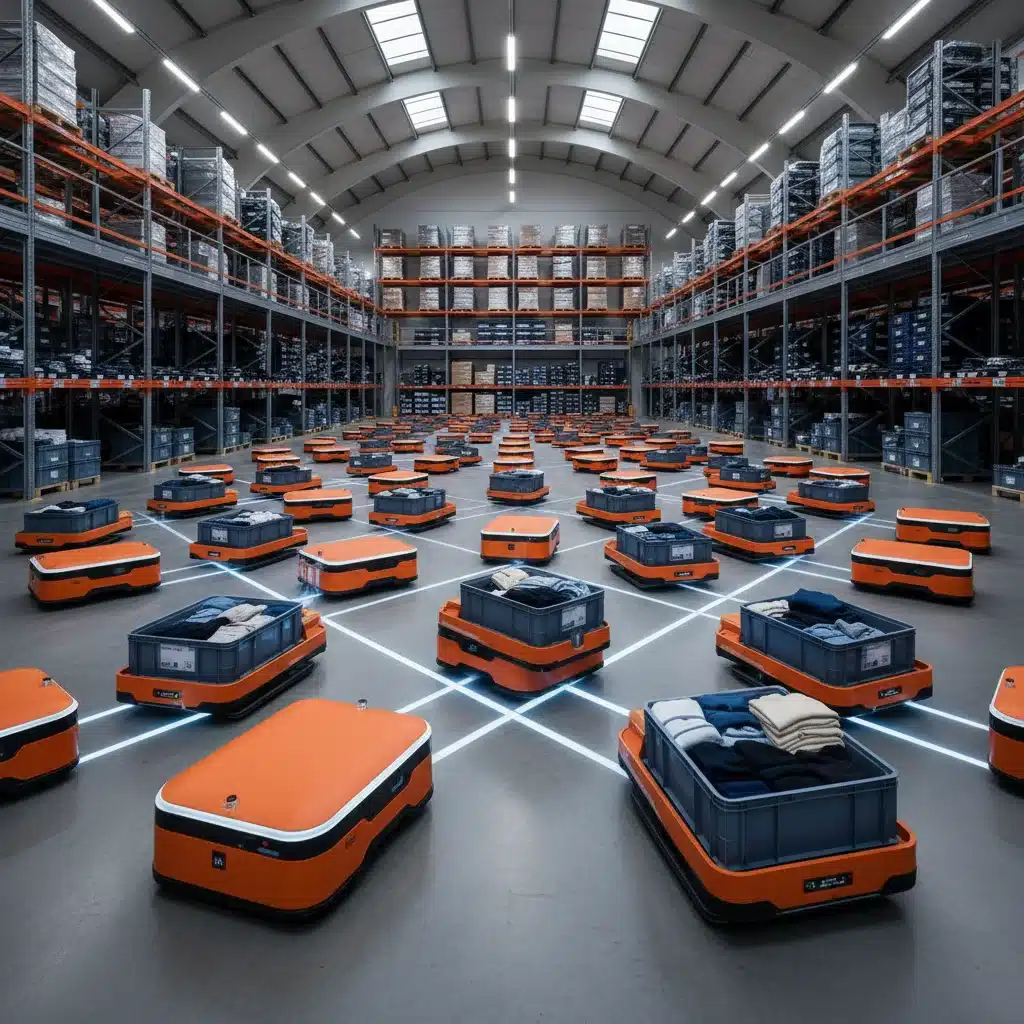 Automated guided vehicles (AGVs) efficiently transporting goods in a large SHEIN fulfillment center.
