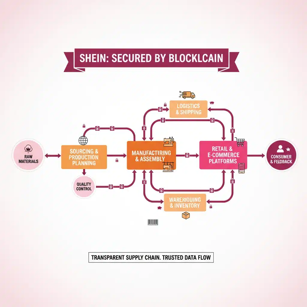 Infographic showing a blockchain-secured fashion supply chain from raw material to consumer.