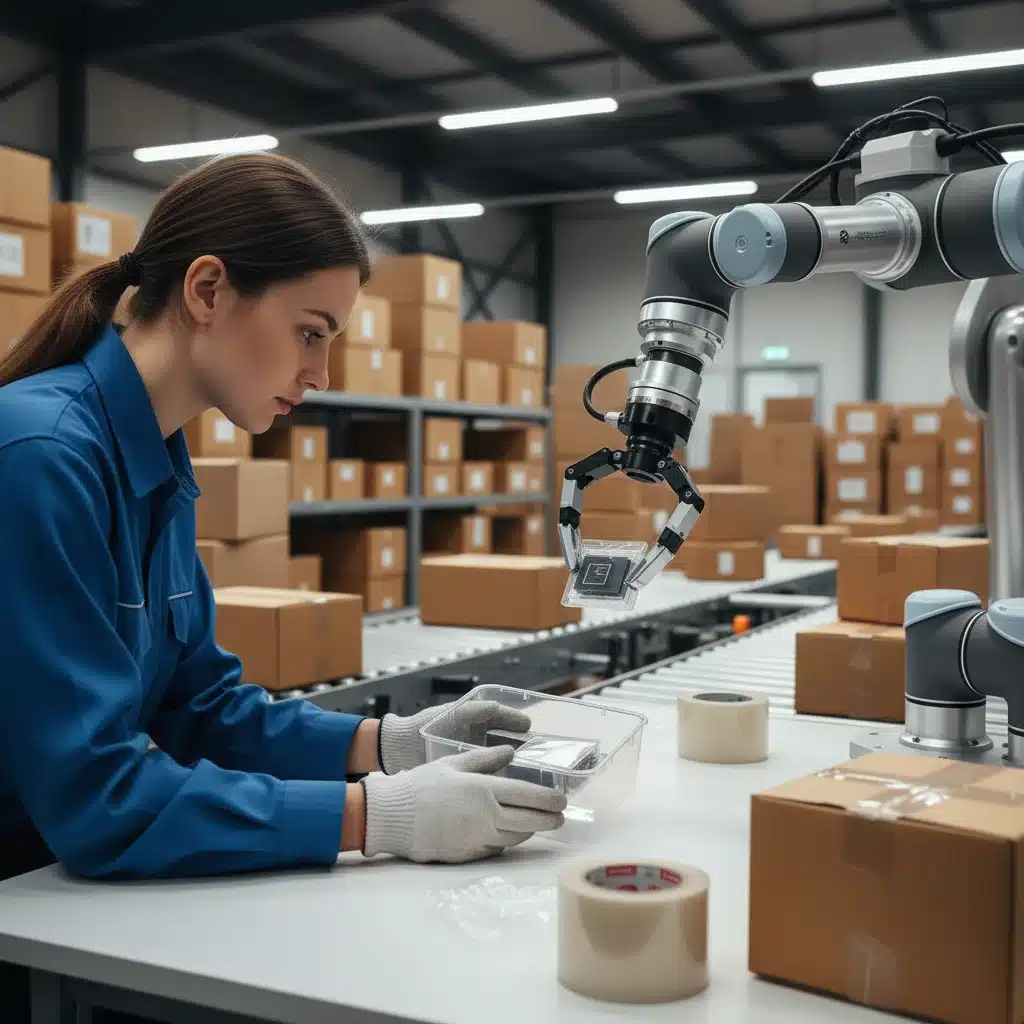 Human worker collaborating with a robotic arm at a packing station, showcasing human-robot synergy.