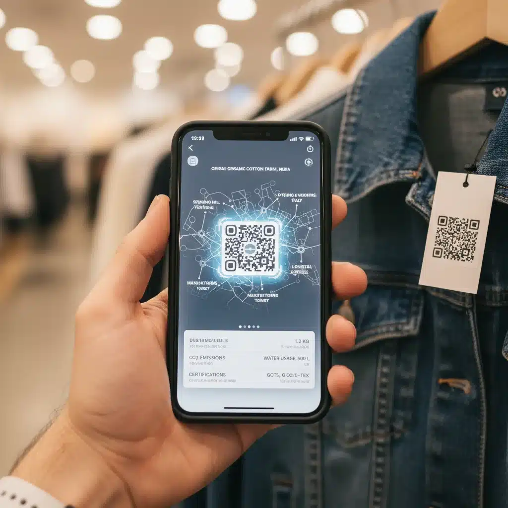 Smartphone scanning QR code on clothing for supply chain transparency.