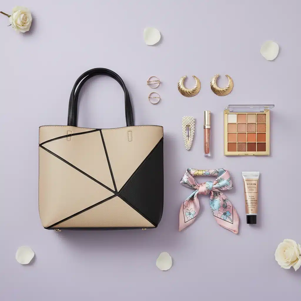 Flat lay of Shein accessories: tote bag, earrings, hair scarf, and makeup palette.