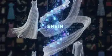 Blockchain network intertwined with fashion items, symbolizing SHEIN's transparency initiative.