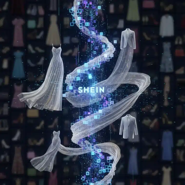 Blockchain network intertwined with fashion items, symbolizing SHEIN's transparency initiative.