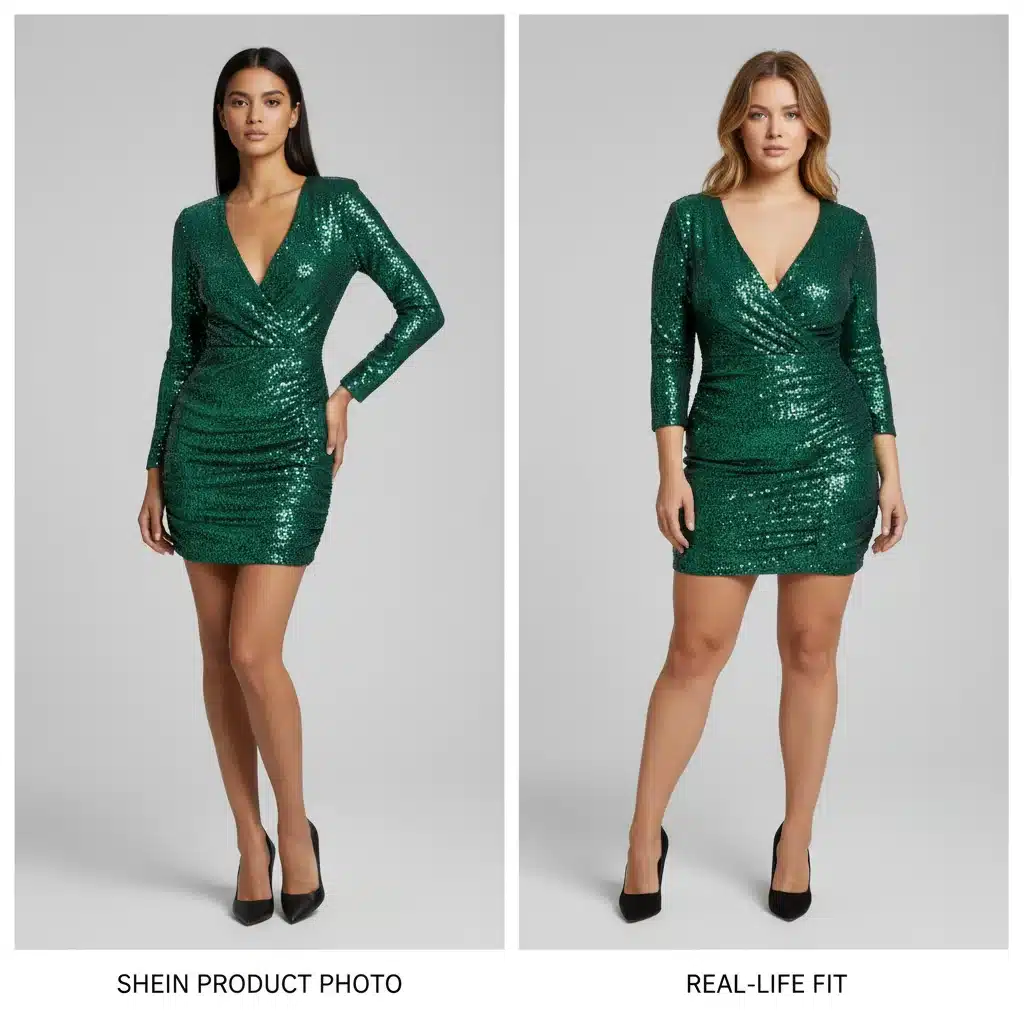 Side-by-side fit comparison of Shein cocktail dress worn by model and product photo