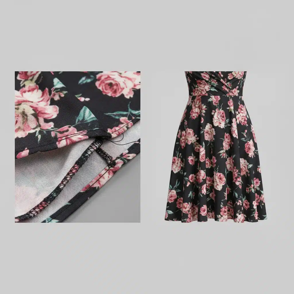 Close-up fabric comparison of Shein dress and product image
