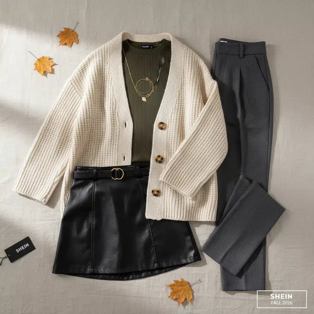 Flat lay of diverse SHEIN layering pieces for fall, including cardigans, tops, skirts, and trousers.