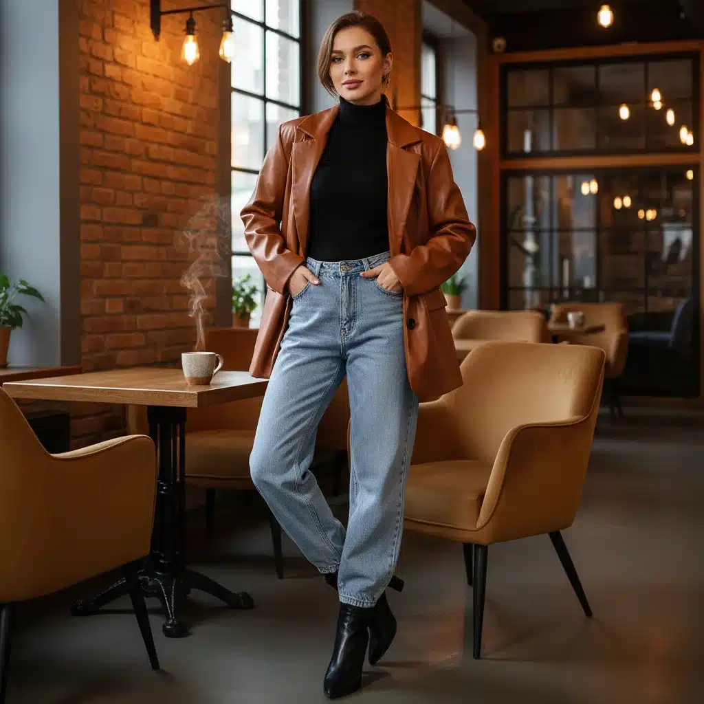 Model wearing Shein oversized faux leather blazer jacket in urban setting