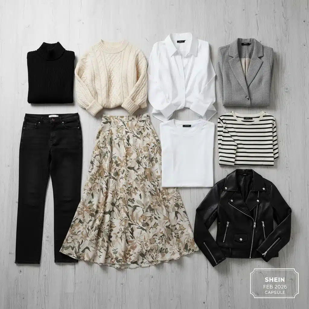 Flat lay of 10 essential SHEIN February capsule wardrobe items for versatile styling.