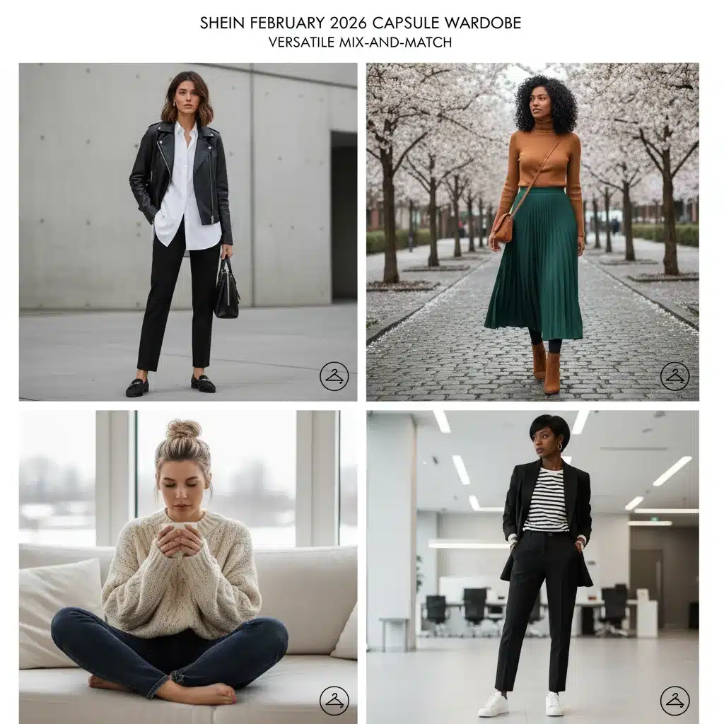 Collage of four diverse SHEIN February capsule wardrobe outfit combinations for inspiration.