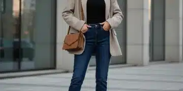 Woman in stylish SHEIN February capsule wardrobe outfit, featuring blazer, turtleneck, and jeans.