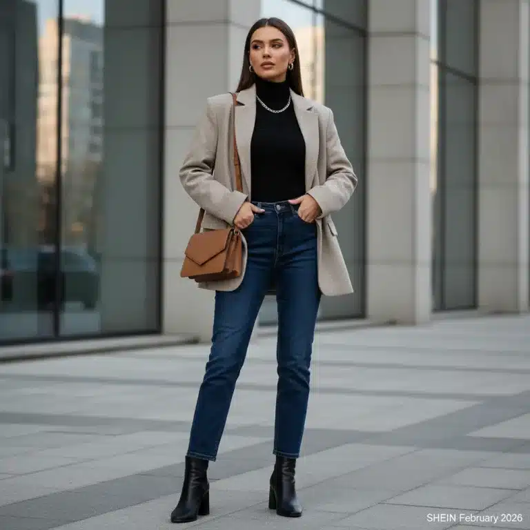 Woman in stylish SHEIN February capsule wardrobe outfit, featuring blazer, turtleneck, and jeans.