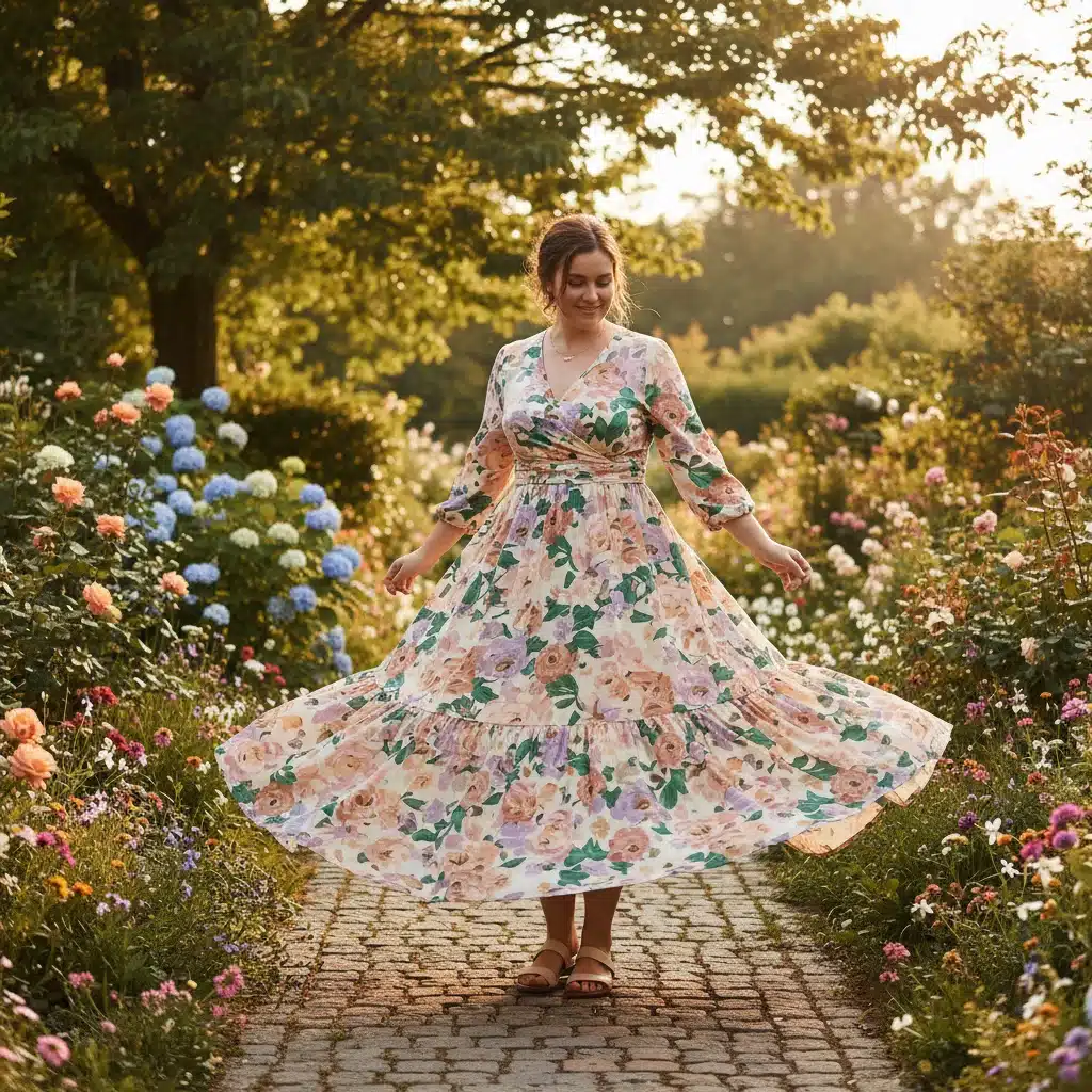Shein floral maxi dress on average body type in a garden