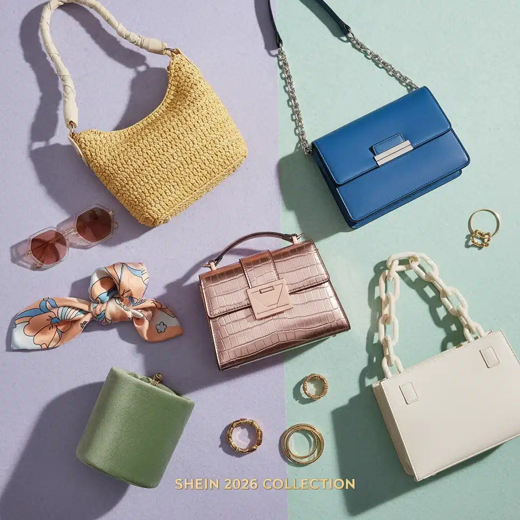 Assortment of trending Shein handbags 2026 flat lay