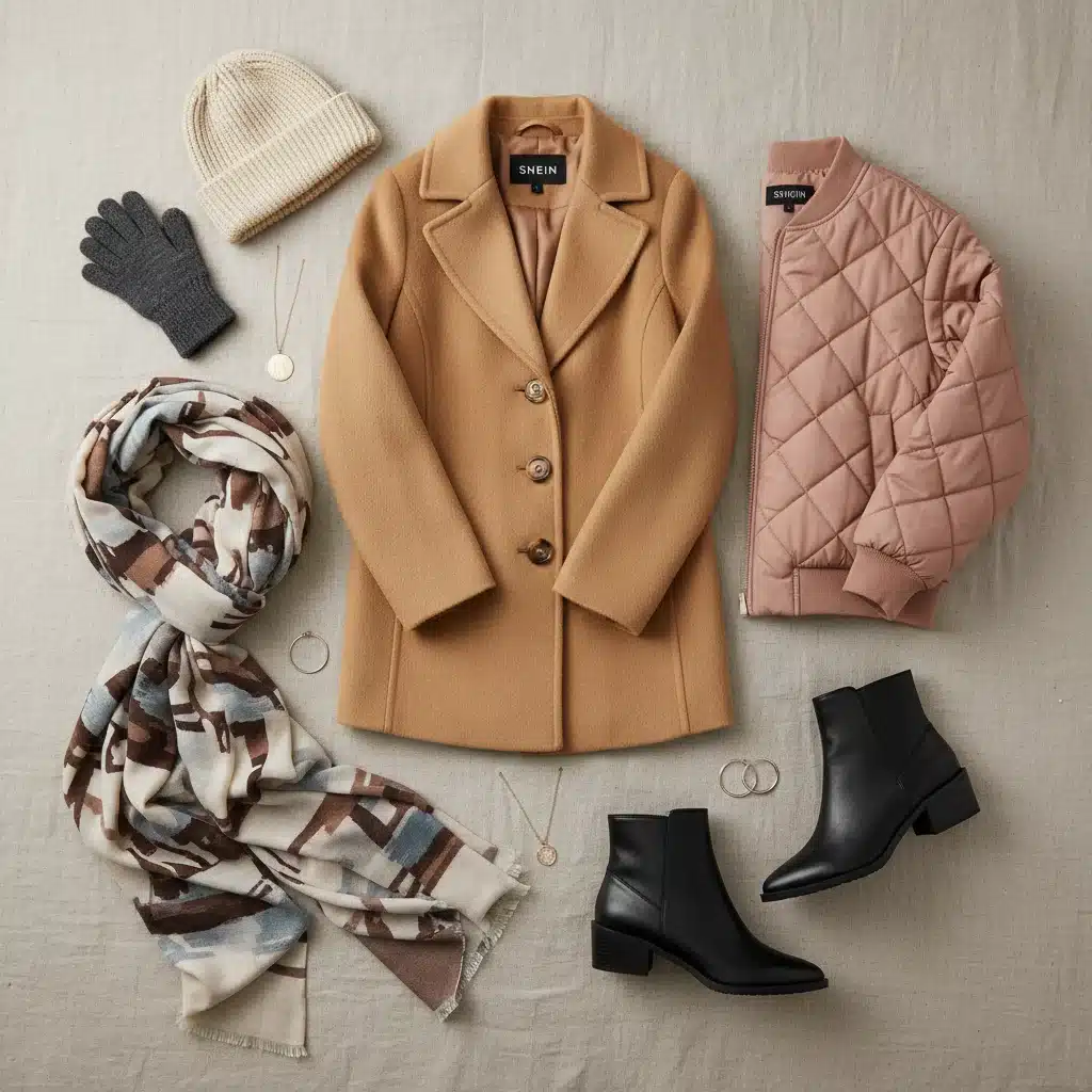 Flat lay of SHEIN mild winter coats and accessories