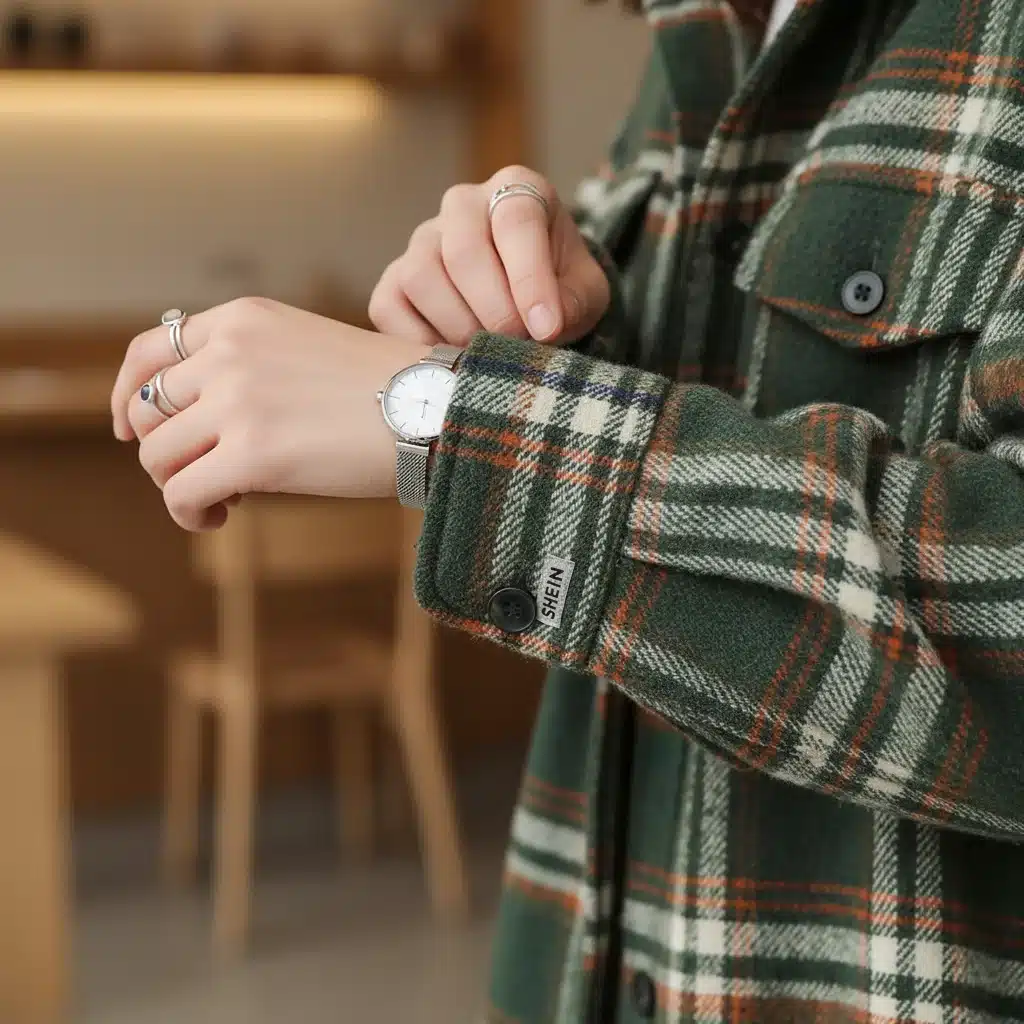 Close-up of hands adjusting cuff of plaid SHEIN shacket, showing watch and rings.