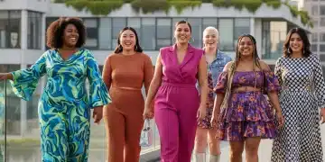 Diverse plus-size women in trendy Shein outfits 2026, smiling confidently outdoors.