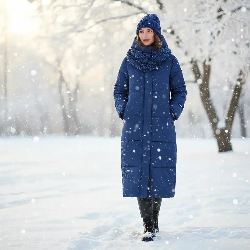 Woman in long Shein quilted puffer coat in a snowy park