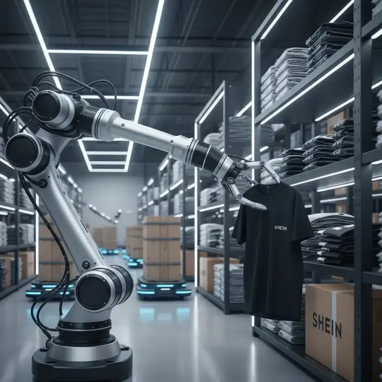 Robotic arm picking a garment in a SHEIN warehouse, symbolizing automated fulfillment.
