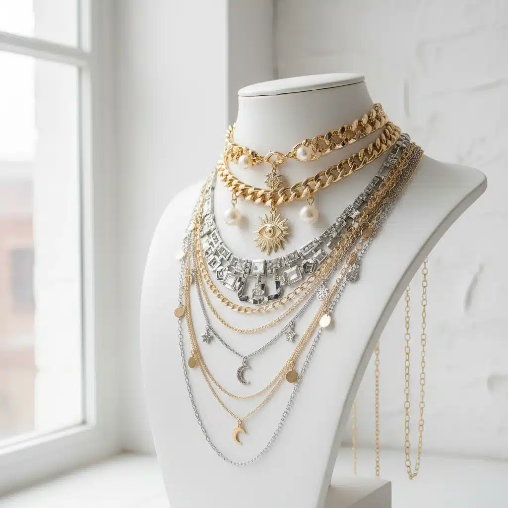 Close up of Shein statement necklaces and layered chains