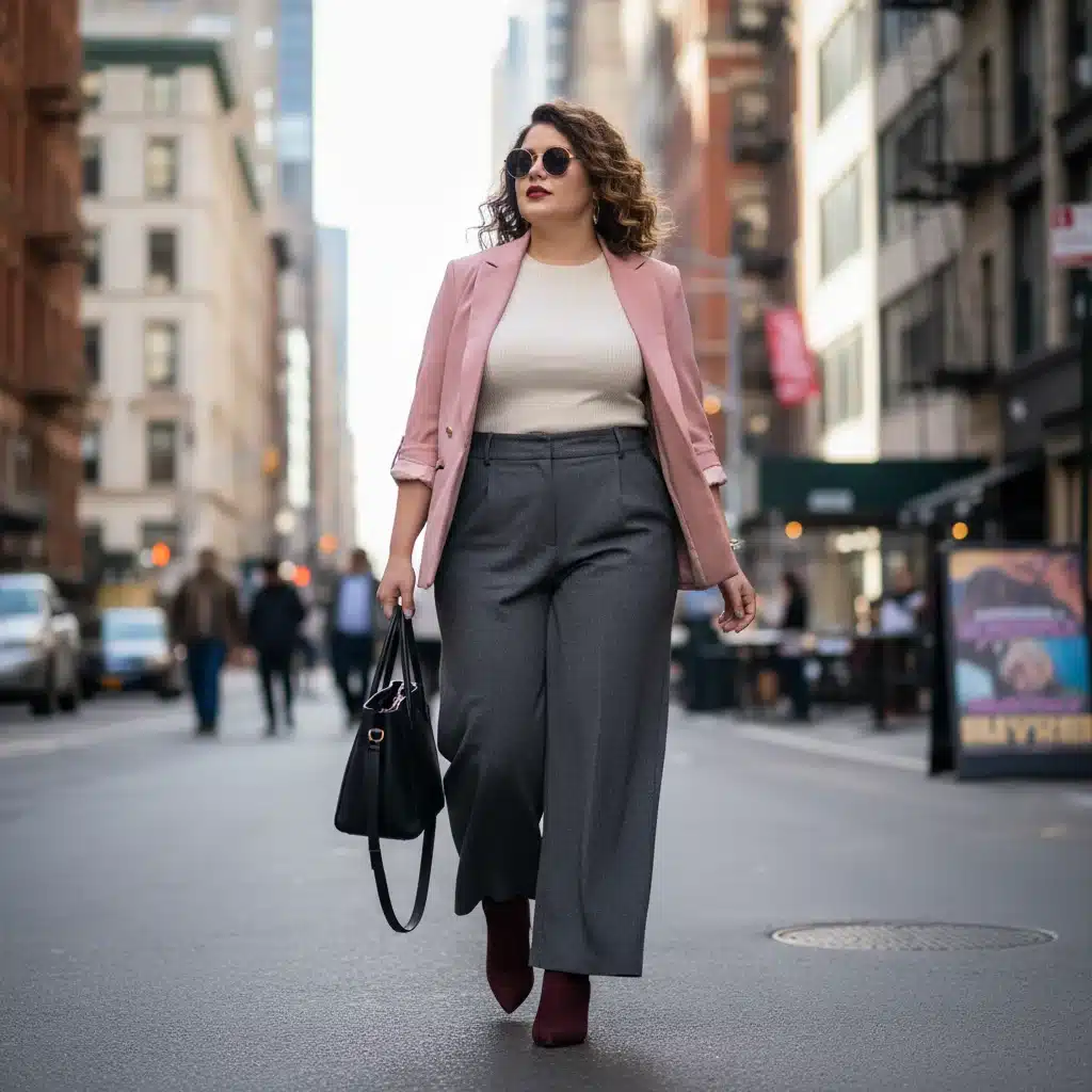 Plus-size woman in Shein wide-leg pants and blazer, sophisticated city look.