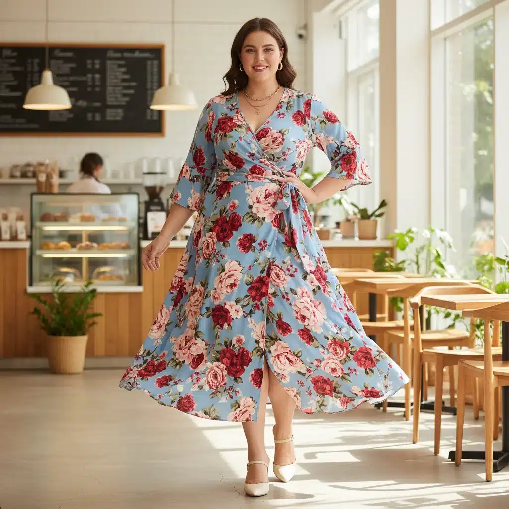 Plus-size woman in Shein floral wrap dress, showcasing flattering silhouette.