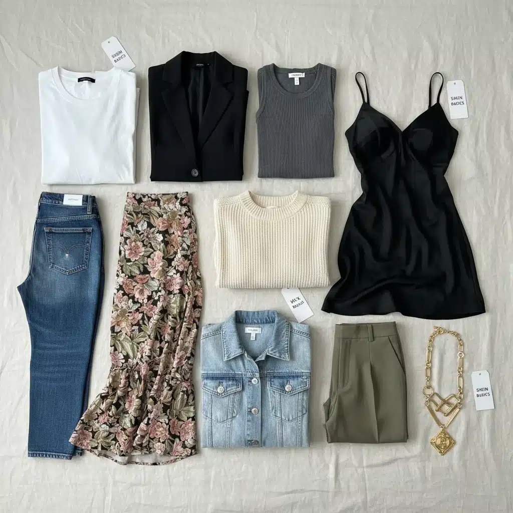 Flat lay of 10 essential Shein capsule wardrobe pieces