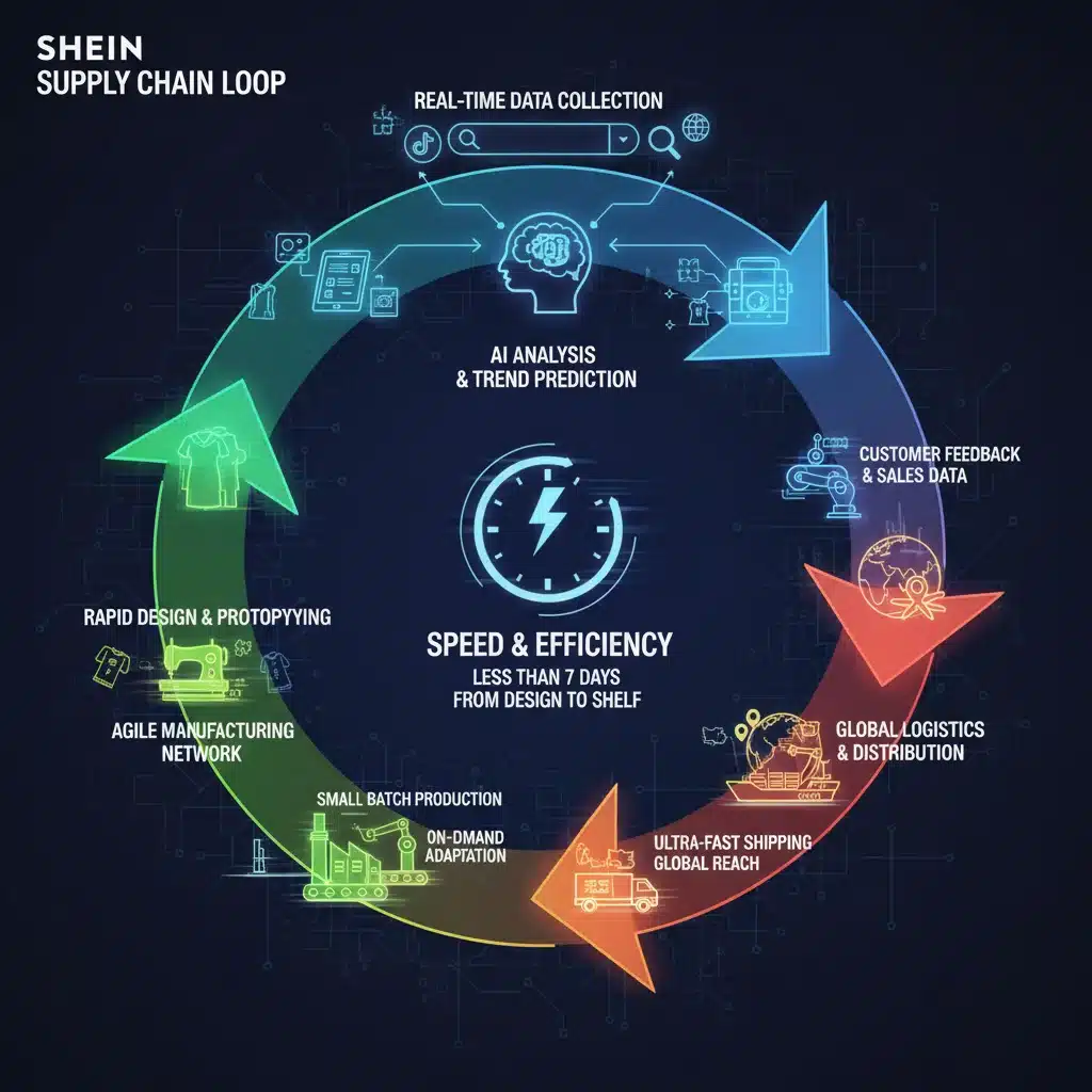 SHEIN's agile supply chain and data-driven fashion production infographic