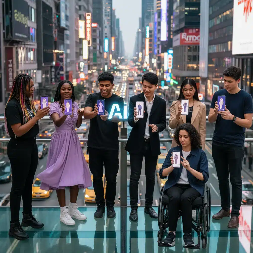 Diverse individuals engaging with SHEIN's personalized AI fashion recommendations on smartphones.