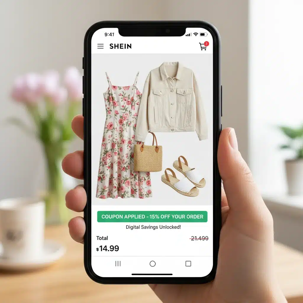 SHEIN app on smartphone showing 15 percent discount applied to spring shopping cart.