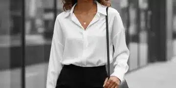 Stylish woman in Shein capsule wardrobe, white shirt, black trousers