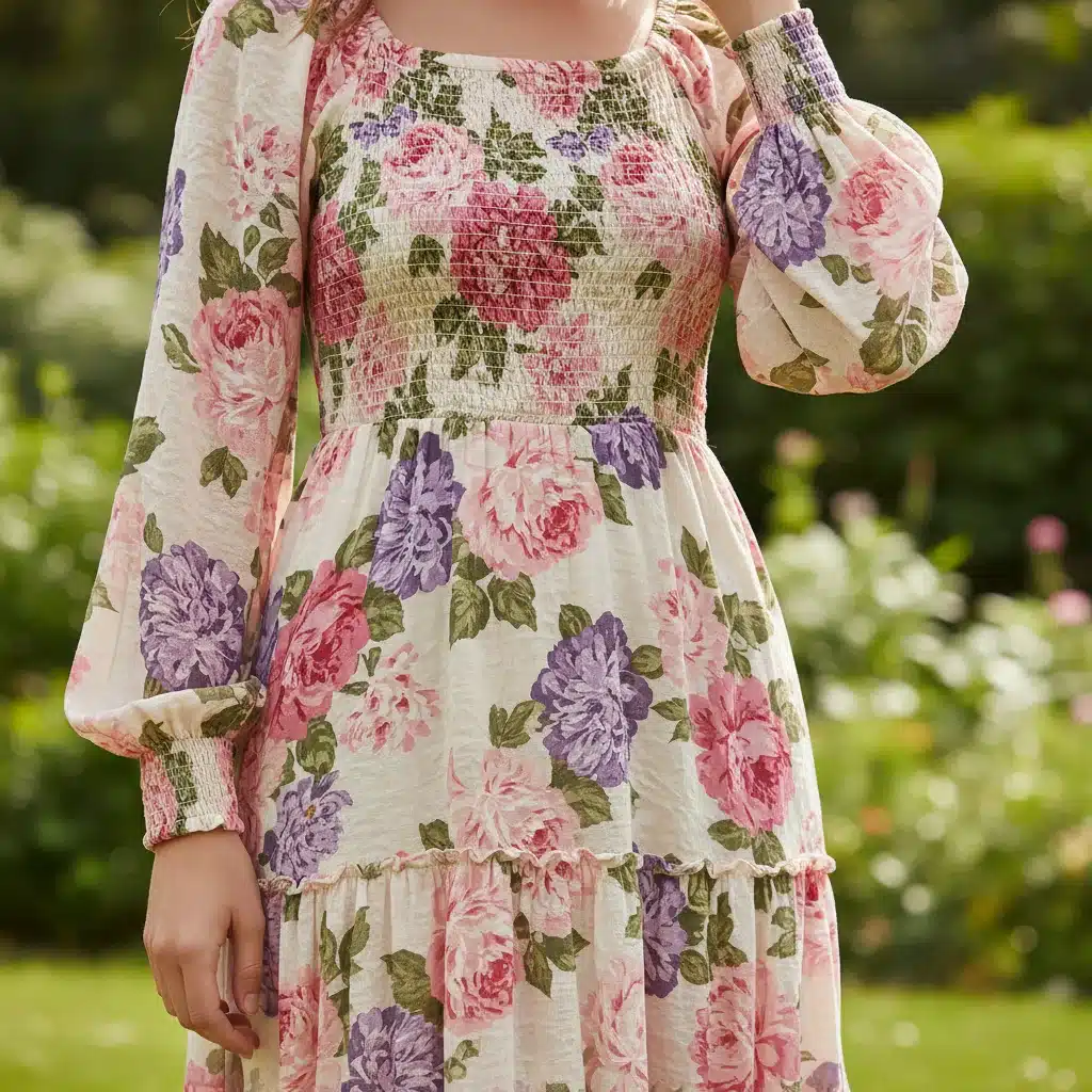 Model wearing Shein floral maxi dress, highlighting fabric quality and fit during wear test.