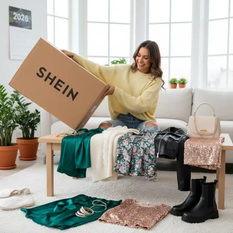 Stylish woman excitedly unboxing Shein haul 2026, surrounded by new trendy clothes and accessories.