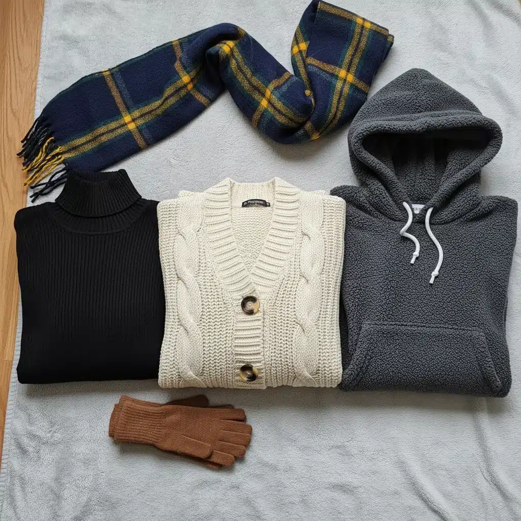 Flat lay of diverse SHEIN mid-layer sweaters and cardigans