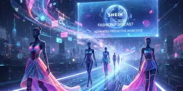 SHEIN's predictive analytics for fashion trends, illustrating data driving futuristic clothing designs on a runway