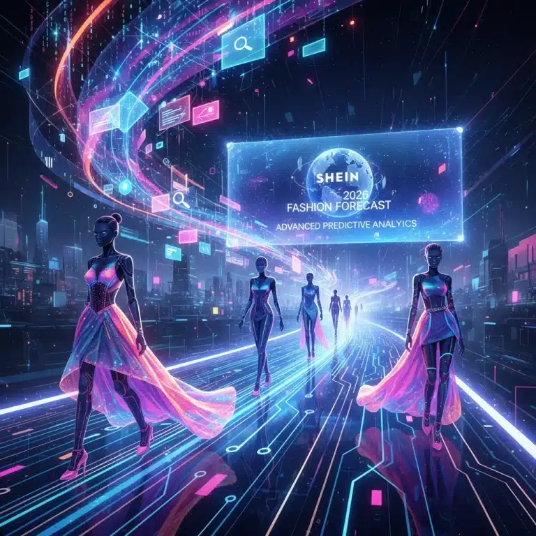 SHEIN's predictive analytics for fashion trends, illustrating data driving futuristic clothing designs on a runway