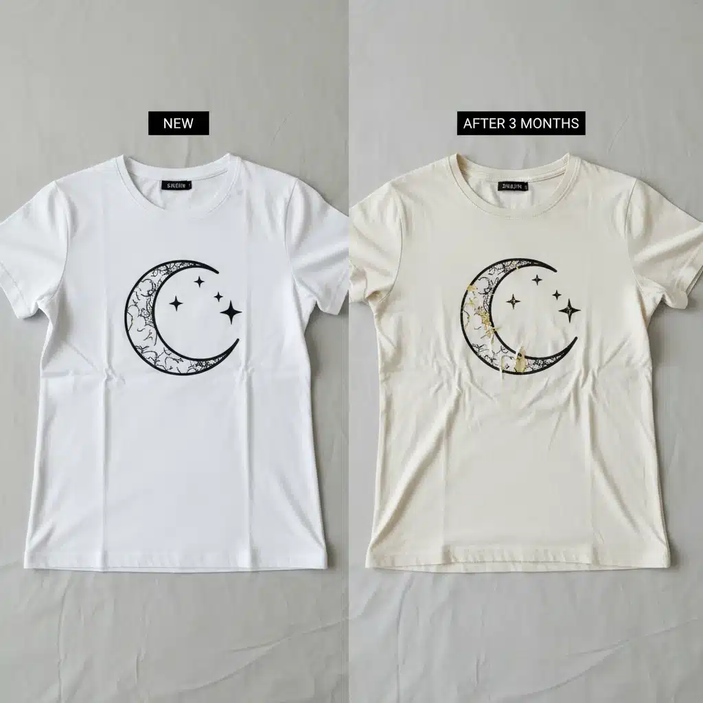 Comparison of Shein t-shirt new vs. after 3 months of wear and washing, showing durability.