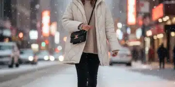 Woman in layered SHEIN winter outfit walking in snow