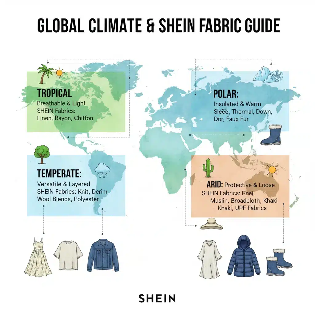 World map infographic showing climate zones and recommended SHEIN fabrics, guiding consumers on appropriate material choices.