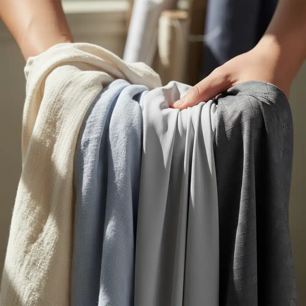 Hands touching various fabric swatches, showcasing textures like linen, cotton, modal, and performance materials for diverse climates.