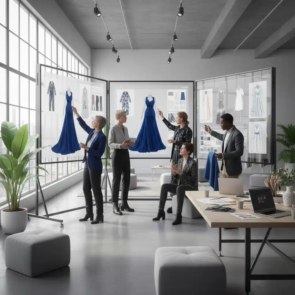 Fashion designers collaborating using virtual design tools, enhancing team efficiency and product development cycles.