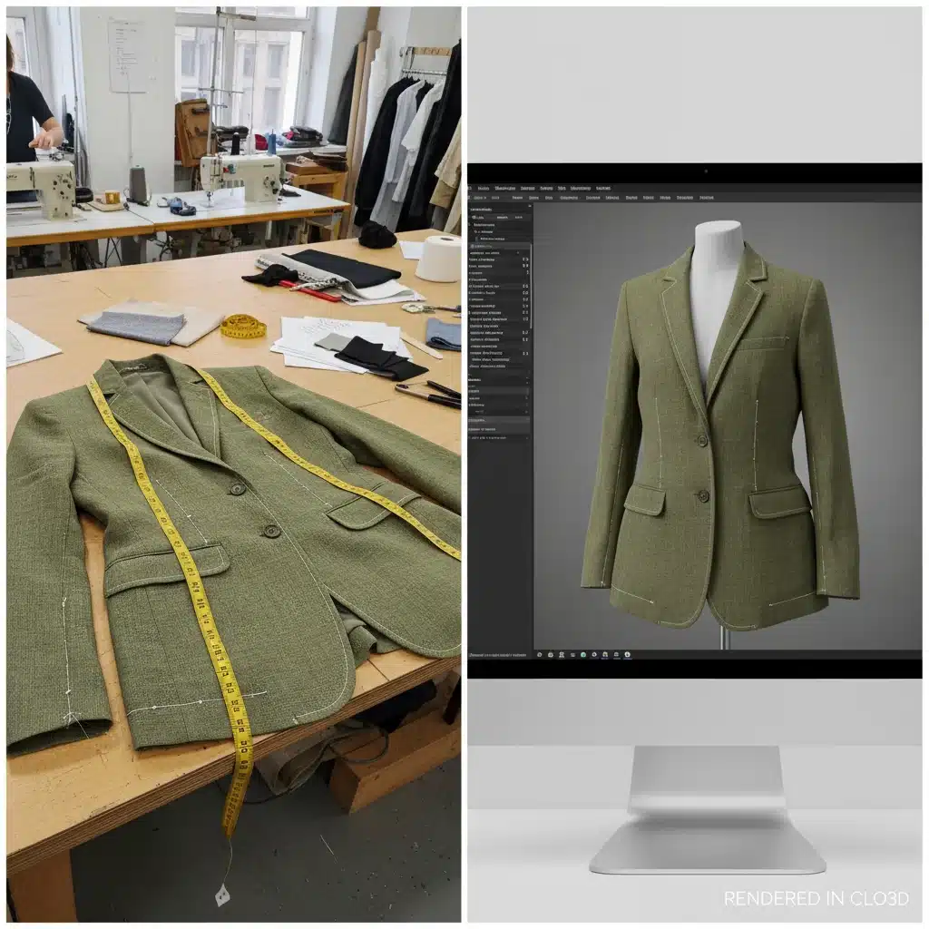 Comparison of physical vs. virtual fashion samples, demonstrating the realism and efficiency of 3D design technology.
