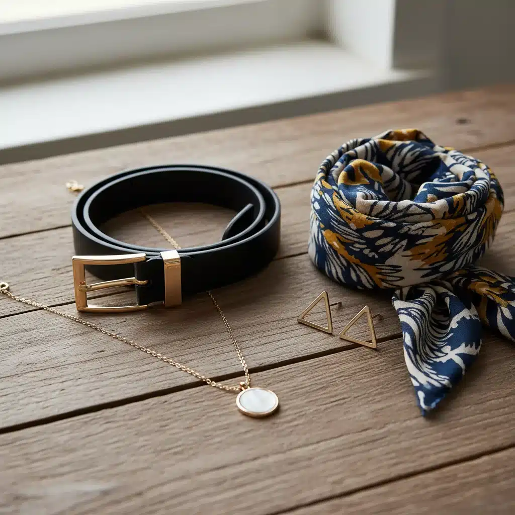 Close-up of affordable Shein fashion accessories including necklace, earrings, belt, and scarf