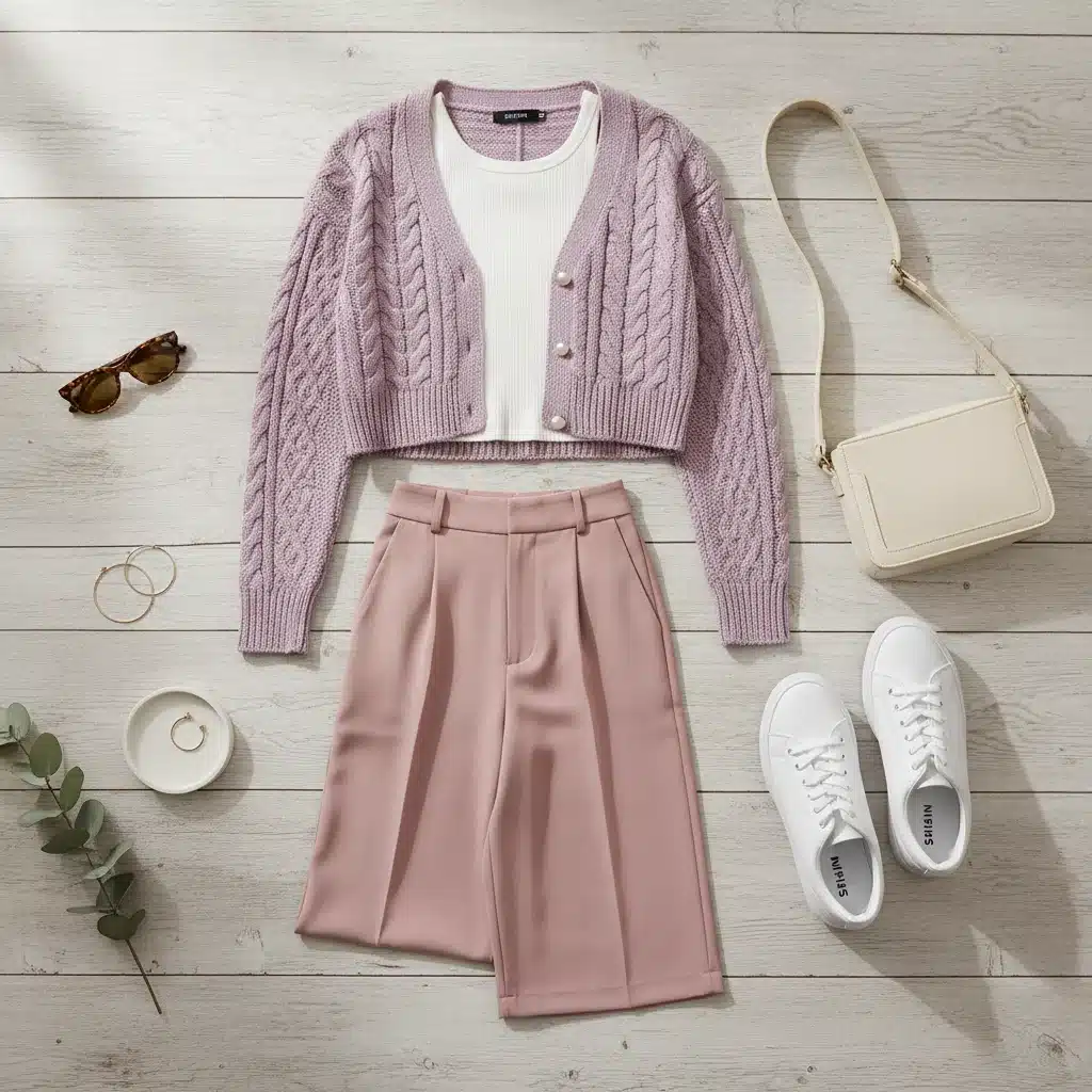 Flat lay of Shein brunch outfit: cardigan, tank, trousers, sneakers