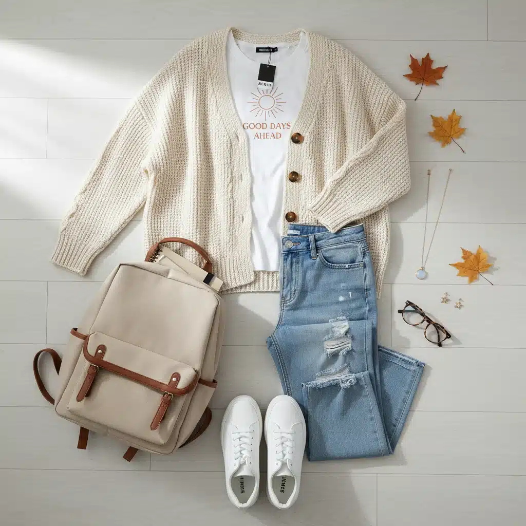 SHEIN cozy chic back-to-school outfit flat lay