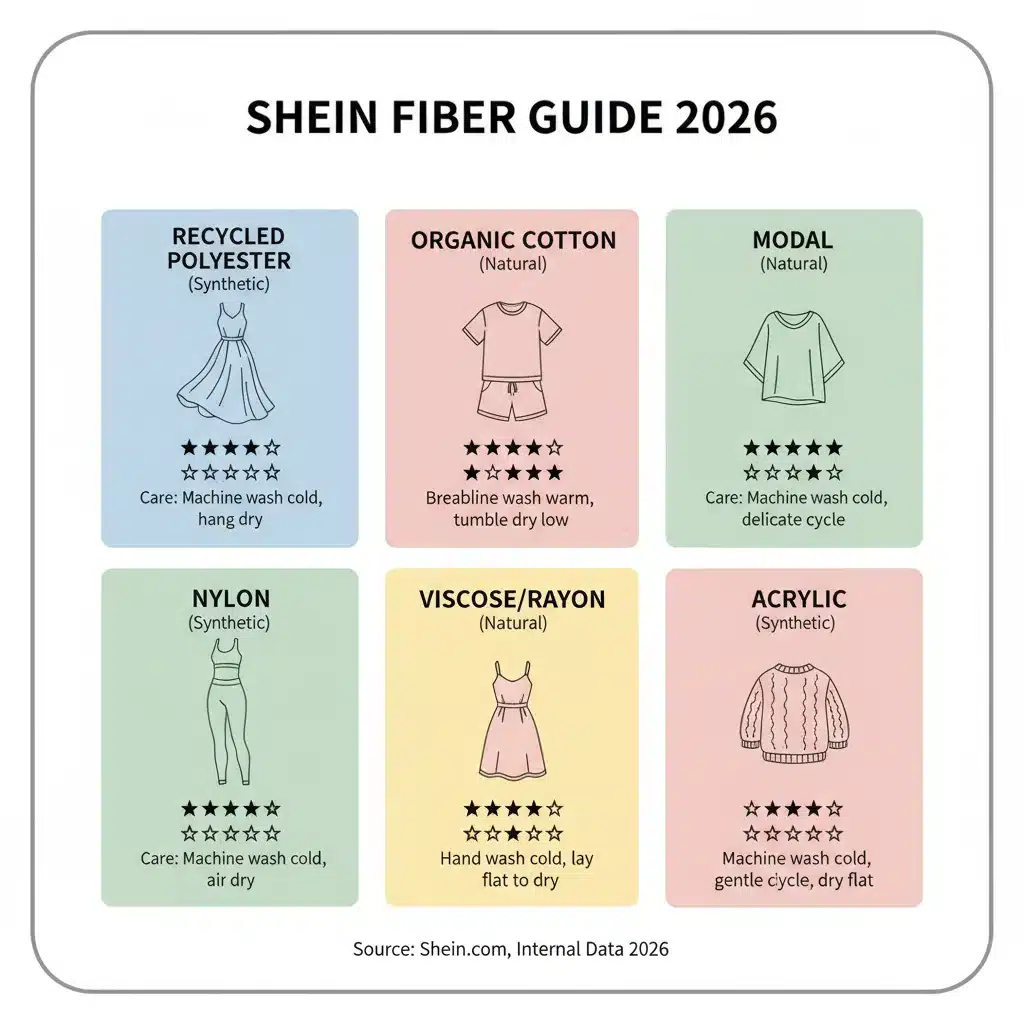 Infographic on Shein's 2026 fabric types, detailing durability and care.