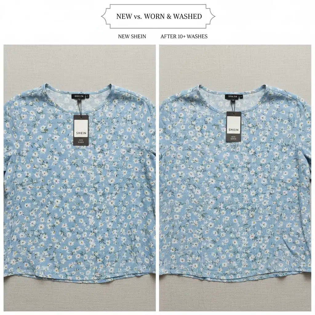 Visual comparison of new versus worn Shein fabric, showcasing durability.