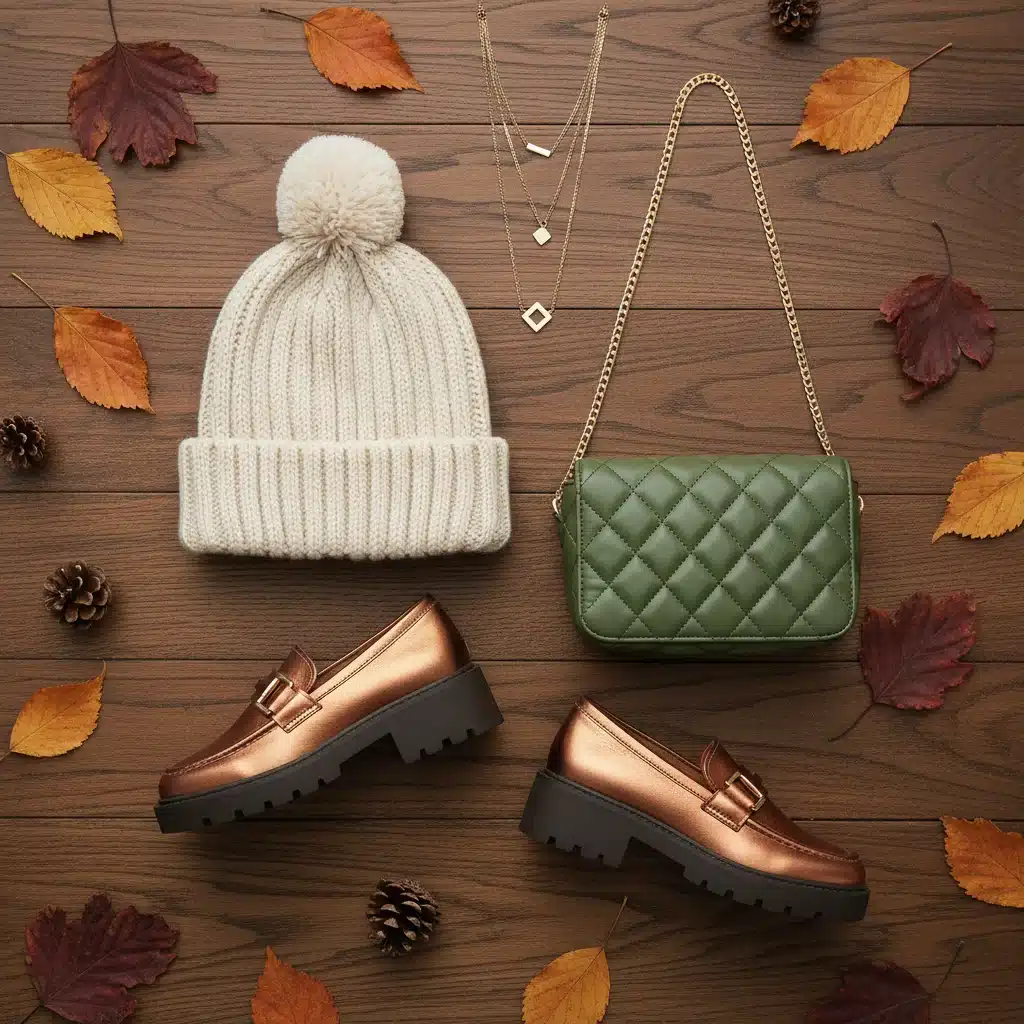 Shein Fall 2026 accessories flat lay with beanie, bag, and loafers