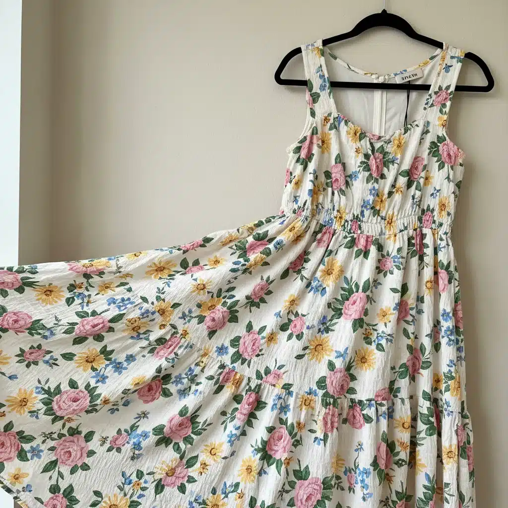 Close-up of a vibrant floral print midi dress from SHEIN, showcasing spring patterns.