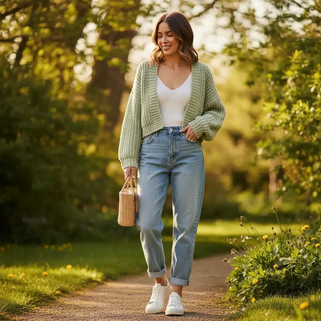 Model wearing a sage green knitted crop cardigan from SHEIN, ideal for spring layering.
